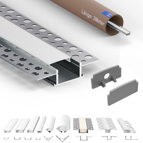 Tivendis LED gipsplaten profiel 2 m met afdekking gematteerd, T1 gipsplaatprofielen voor ledstrips tot 20 mm, aluminium profiel gipsplaat, led-profiel gipsplaat, wand, schaduwvoeg