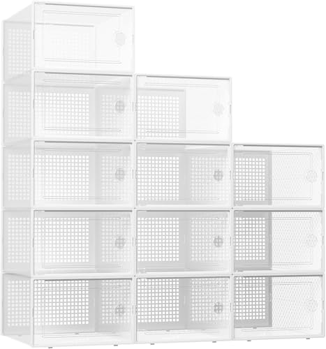 Image of Kuject XX-Large Shoe Storage Boxes Organizers Clear Plastic Stackable 12 Pack, Shoe Rack & Holder Substitute, Sneaker Containers, Shoe Storage Organizer Bins for Closet, Under Bed,White(No Fold Line)