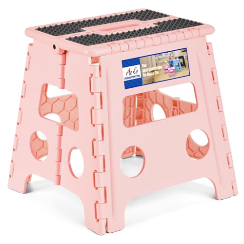 Image of ACKO Folding Step Stool 13 inch Height Premium Heavy Duty Foldable Step Stools for Adults and Kids, Kitchen Plastic Small Collapsible Stepping Stool Hold Up to 300 LB Dot Pink (1 Pack)