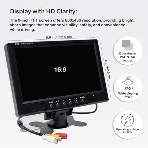Image of 9-Inch HD Car Monitor - Dual Video Input AV1 /AV2, 800x480 Resolution, 9-36V Compatible, Wide 170 Viewing Angle, for Backup Camera & Surveillance
