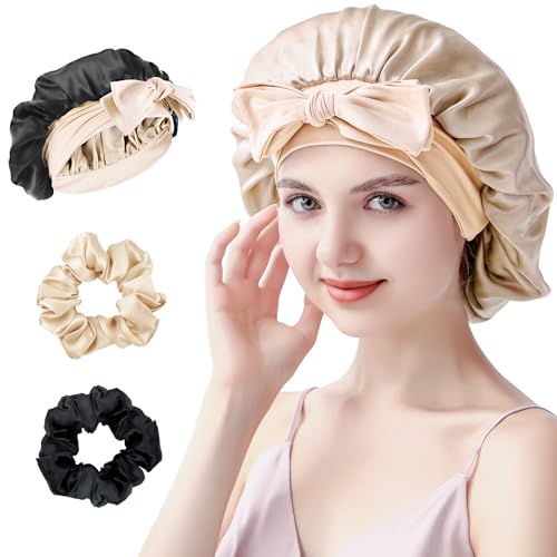 SILMANA Silk Bonnet for Sleeping Women, 22 Momme 100% Mulberry Silk Sleep Cap with 2 Matching Silk Scrunchies, Double-Sided Wearable Hair Bonnet for Night Hair Care and All Hair Types - Light Gold