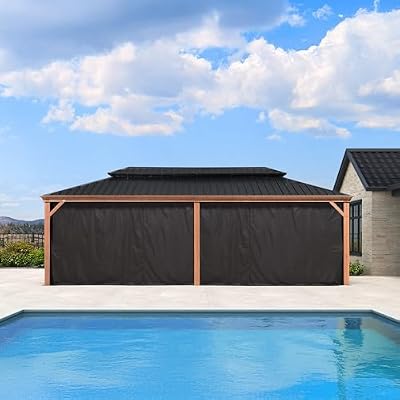 PURPLE LEAF 12' X 24' Outdoor Hardtop Gazebo for Patio Galvanized Steel Double Roof Permanent Canopy Teak Finish Coated Aluminum Frame Pavilion Gazebo with Netting and Black Curtains