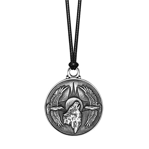 Magic Human American Eagles and Howling Wolf Necklace - Wild Spirit and Moon Medallion - Protection Powers Amulet - Vintage Finish Stainless Steel Jewelry - Cool Animal Totem Adjustable Cord Choker