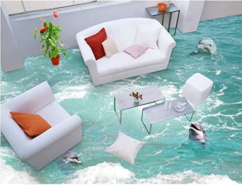 Wall Mural Wallpaper 116 x 83 inch (Width x Height) 3D Flooring Custom Waterproof 3D PVC Flooring Waves a Dolphin 3D Bathroom Flooring Painting Photo Wallpaper for Walls 3D