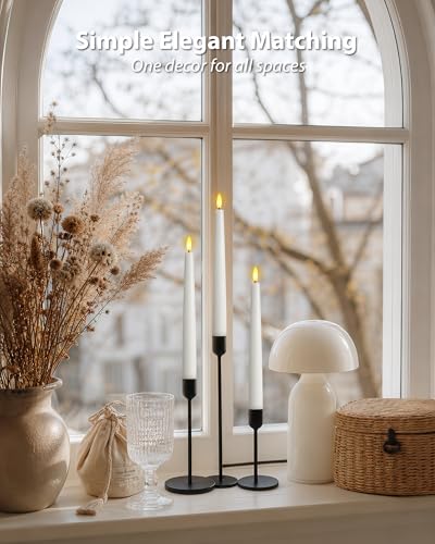 Image of Homemory 9.6 Inches Waxy Flameless Taper Candles with Remote Timer Dimmer, Flickering LED Candlesticks, Battery Operated Window Candle for Christmas Wedding Home Decor, White, 6 Pcs