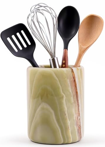SPESHSTONES Marble Utensil Holder 6.5 Inch Green Wooden Cooking Utensils
