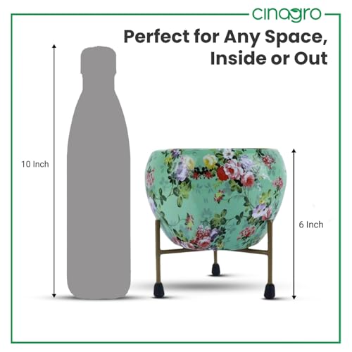 CINAGRO Floral-Printed Planter/ Flower Pot / Container with Iron Stand for Home & Garden Decor | Durable & Rust-Free | Suitable for Indoor & Outdoor Plants (1 Pot & 1 Stand, Light Blue, Golden Stand, 13 X 13 X 15 cm)