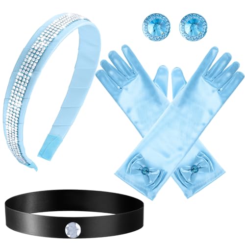 Sureio 4 Pieces Girls Princess Costume Accessories Headband Choker Glove Earrings Princess Dress up Cosplay Accessories(Blue)