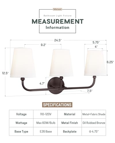 Image of Bathroom Light Fixtures, 3-Light Oil Rubbed Bronze Vanity Lights with Flared White Fabric Shade, Vintage Sconces Wall Lighting for Hallway Bedroom, VL837-ORB-3