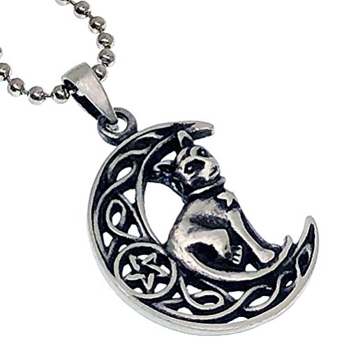 Cat Jewelry Celtic Crescent Moon Star Pentacle Pentagram Magic Wicca Pyewacket Pagan Witch Familiar Protection Amulet Unisex Men's Pewter Pendant Necklace Wealth Money Lucky Charm w Silver Ball Chain