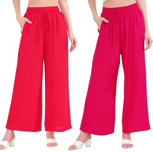 Image of Buy That Trendz Palazzo Pants for Women Cotton Rayon Elasticated Regular Fit Flared Wide Leg M to 6XL Pack of 2