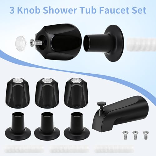 Juego de grifería para bañera con ducha, 3 perillas, acabado negro mate, compatible con Price Pfister Verve, conexiones macho de 1/2" y 3/4" miniatura 6