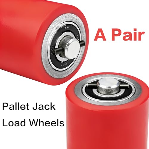 Image of Pallet Jack Load Wheels Replacement Kit with PU Tread Wheel 3 x 3.75 inch,Pre-Installed Bearings ID 20mm,Axles(Length 4.8 inch) and Pins for Manual Hand Lift Truck Rear (1, Red-1 Pair + Roller)
