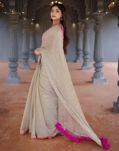 Image of SIRIL Women's Shimmer Net Lace Border Dual Tone Saree with Unstitched Blouse Piece