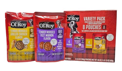 Ol Roy Wet Dog Food Variety Pack Tender Morsels Filet Mignon and Grilled Chicken 3.5oz Pouch (8 Count)