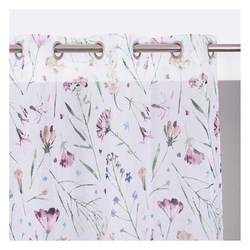 ROCLE Voilage Idylle Motif Floral Rose | Oeillets Argent Mat | 140 x 240 cm