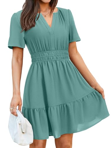 Image of Simplee Womens Casual Summer Dresses 2026 V Neck Short Sleeve Empire Waist Flowy A Line Ruffle Tiered Mini Sundress