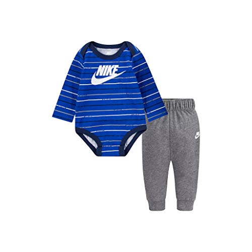 Image of Nike Boy`s Striped Bodysuit & Pants 2 Piece Set (Blue(5MH032-GEH)/Grey, 3 Months)