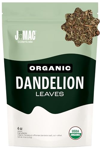 J Mac Botanicals, Organic Dandelion Leaves (4 oz bag) USDA Certified Organic Dandelion leaf tea, te diente de leon organico, Packaged in the USA, Cut and Sifted, No Caffeine