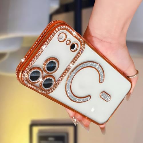 Image of for iPhone 17 Pro Max Magnetic Glitter Case,Luxury Bling Rhinestone Diamond Plated Bumper Case Sparkle Camera Lens Protection Clear Cover for iPhone 17 Pro Max (Orange)