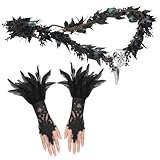 2 Pcs Halloween Crow Feather Costume Accessories for Women Include Black Flower Raven Skull Crown Black Lace Feather Gloves Gothic Adjustable Raven Skull Headpiece Witch Angel Costume Accessories