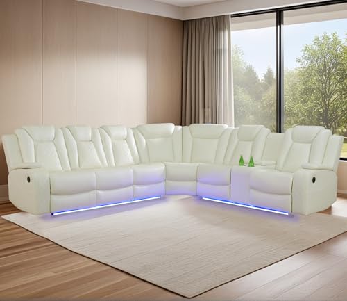 JBXBER Power Recliner Sectional Sofa Set with LED Lights, Leather Reclining Sectional Couch Sets with USB Ports, Cup Holders, Storage Console, L-Shaped Home Theater Seating for Living Room(Cream)