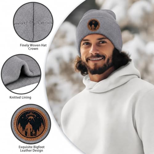 Image of Big Foot Beanie Hat, Sasquatch Leather Patch Winter Knit Skull Cap Bigfoot Gifts for Adult Men Women