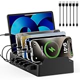 Charging Station for Multiple Devices, 6 Port Charger Stations with Flame-Retardant Material & 6 Cables for Apple, Android, iPad, Office Desk Charging Dock Organizer (Black)