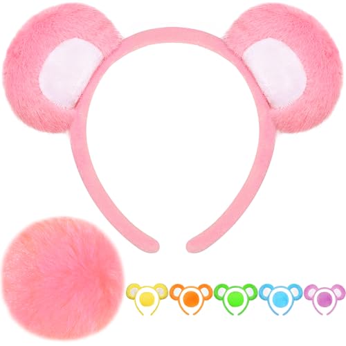 Parma77 Bear Ears Headband and Tail Set for Adult and Kids Bear Costume Animal Ears Costume with Red Heart Patch Accessory Set for Halloween Festival Party (Pink)
