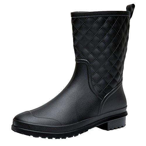 17KM Womens Black Short Anti Slip Rain Boots Mid-Calf Waterproof Rubber Garden Rain Shoes 7 US, Grid Black