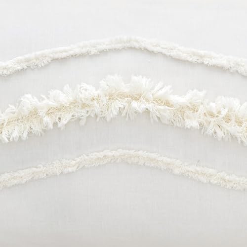 Image of Bohemian Boho Chic Ivory Macrame Tufted Tassel 3 pc. Full / Queen Size Bed Bedding Set Duvet Comforter Cover Sham Solid Cream Textured Minimalist Off White Cotton Fringe Farmhouse Indie Neutral Rustic