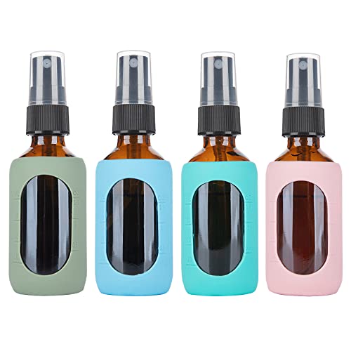 HOMBYS Empty Amber Glass 2oz Small Spray Bottles with Silicone Sleeve Protection - Refillable Containers for Travel, Cleaning Solutions, Essential Oils, Sanitizers - Fine Mist Spray - 4 Pack-Amber