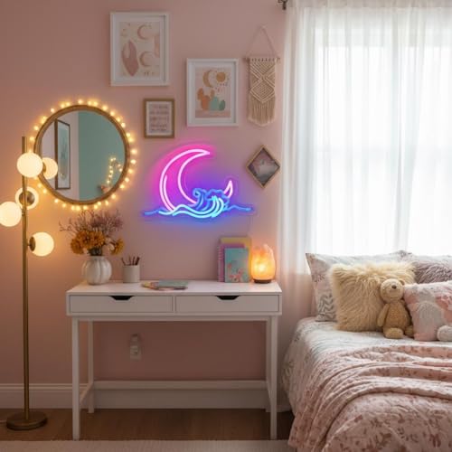 Image of Moon and Wave Neon Sign for Wall Decor Pink Moon Blue Wave LED Neon Light for Bedroom Dresser Aesthetic Room Decor USB Powered Wall Art for Living Room Bar Kid's Room Ideal Teens Girls Gifts