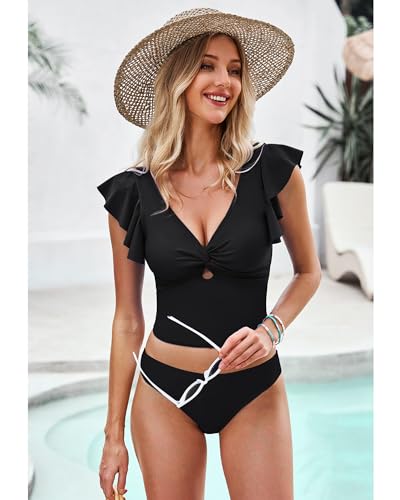 GRAPENT Black Swim Top - Women's Bikini Tankini Top with Ruffle - Tummy Control - Sizes M, 8, 10 - Image 4