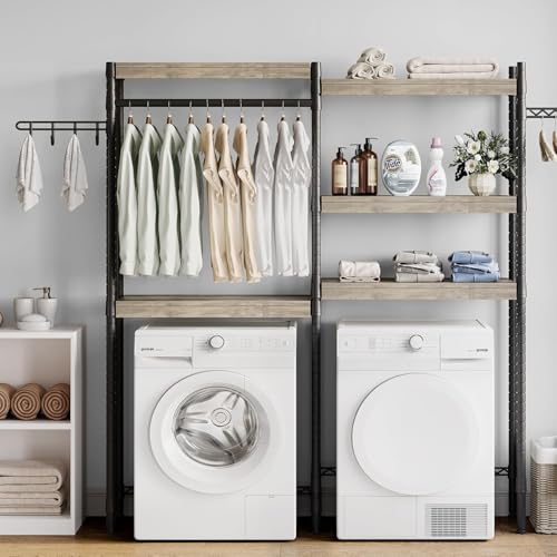 GarveeHome 5-Tier Wood Over-the-Washer Dryer Storage Shelf 30" A+B - Adjustable Height Laundry Organizer with Double-Layer Wood Shelves, Space-Saving Design for Bathroom, Laundry Room, or Balcony, Gre
