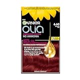 Garnier Olia 6.60 Intense Red, oil-powered, no-ammonia. 100% grey coverage. Luminous, long-lasting, vibrant intense red hair color with ultimate shine and softness.