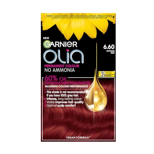 Garnier Olia 6.60 Intense Red, oil-powered, no-ammonia. 100% grey coverage. Luminous, long-lasting, vibrant intense red hair color with ultimate shine and softness.