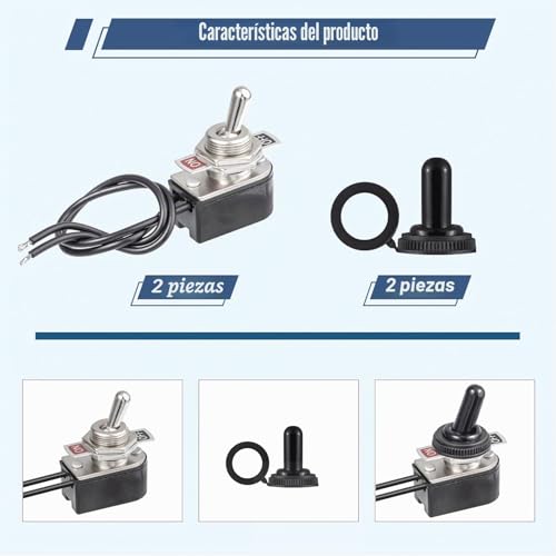 Miniatura 3 de Vexunga Interruptor Basculante 2 Posiciones Interruptores De Palanca De Metal Pré-Cablado 6a 125v 3a 250v 2 Pinos On Off Spst 10a 12v Con Tapa Impermeable Para Coche Camper Paquete De 2piezas
