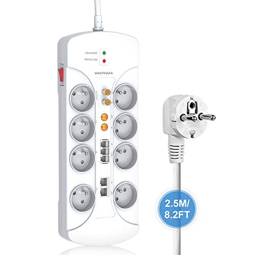 VASTFAFA - Regleta multifunción con 8 tomas de 4000 julios, multitoma de 16 A, 3680 W, alargador resistente de 2,5 m, color blanco