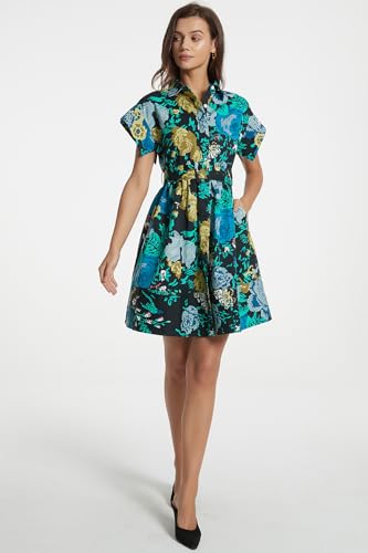 D-Sun Women Button Down Shirt Dress V-Neck Floral Printed Short Sleeve Mini Dress Casual Belted Short Party with Pocket2