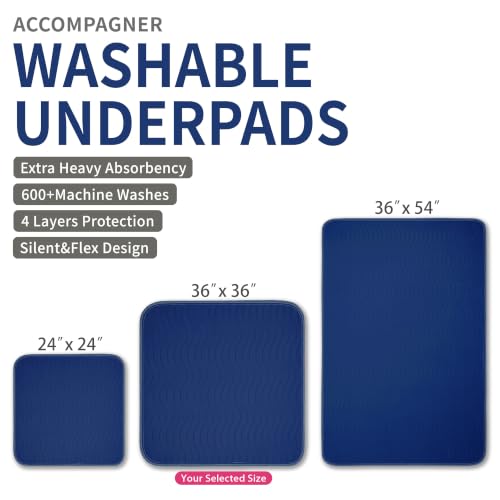Image of Accompagner Incontinence Bed Pads Washable Waterproof, Ultra-Absorbent Reusable Underpads for Diaper Changing, Nursing, Bedridden, Adults, Seniors, Kids and Dogs (Navy, 36 inchx36 inch(Pack of 4))
