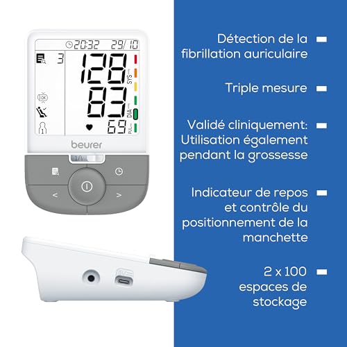 Beurer BM 53 Tensiomètre pour bras, fabriqué en Europe, cliniquement validé, détection fibrillation auriculaire, indicateur de risque, bras 22-42 cm, transfert de données vers Apple Health