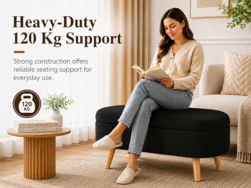 Image of Upholstered Ottoman Storage Bench, Premium Boucle Fabric, Heavy Duty 120 Kg Load Capacity, Multipurpose Seating for Living Room & Bedroom, Black