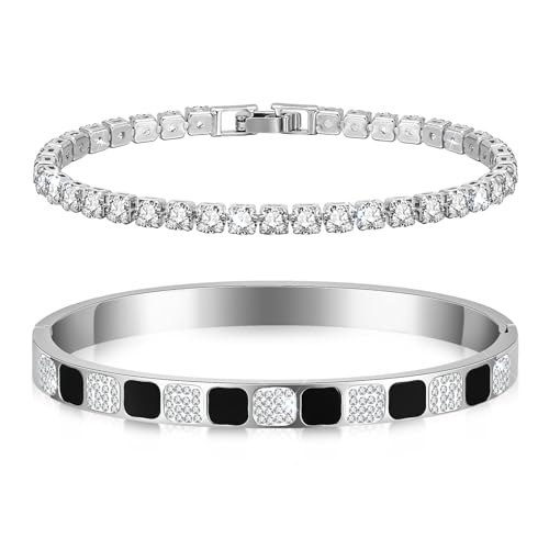 VNOX 2 Pulseras Mujer Acero Inoxidable: Regalo Mujer Pulsera de Mujer Plata con Circonitas Regalos para Mamá Novia Navidad, Cumpleaños, San Valentín,17cm