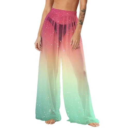 FPMLUXLL Womens Beach Cover Up Pants Sheer Mesh Swimsuit Bikini Coverup Pant High Waist Wide Leg Pants Summer Outfits 2026