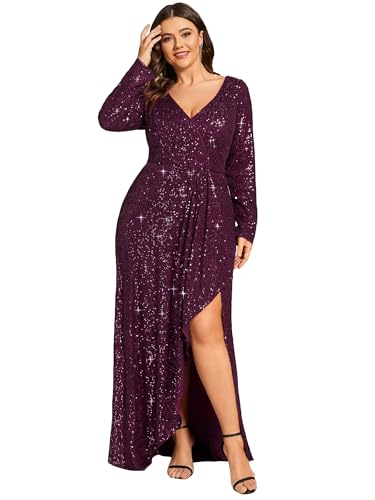 Ever-Pretty Women's V-Neck A-Line Pleated Long Sleeves Floor Length Plus Size Sequin Dress Formal Evening Gowns 50146-DA