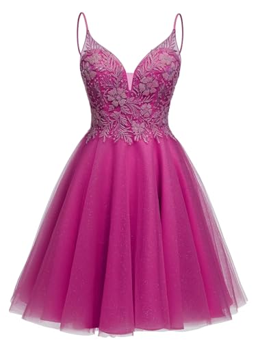 Image of Sparkly Tulle Homecoming Dresses Short Lace Prom Dresses for Teens V Neck Beaded Cocktail Dresses