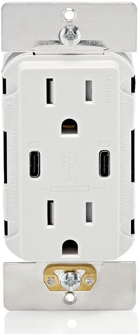 Leviton 60W (6A) USB Dual Type-C/C Power Delivery in-Wall Charger with 15A Tamper-Resistant Outlet USB Charger for Smartphones Tablets Laptops T5636-0BW White
