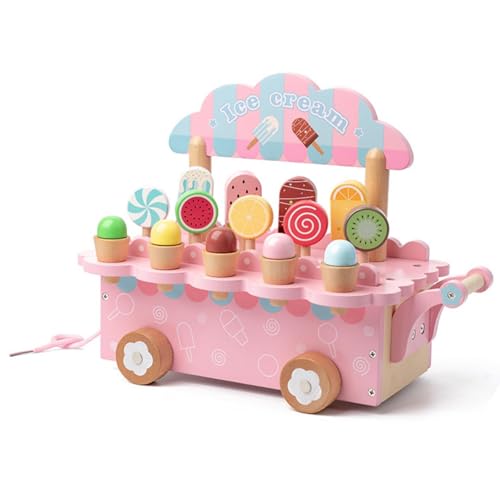 NIGOEおままごとセット 木製 アイスクリームショップ 子供用 ごっこ遊び 知育玩具 子供用おままごとセット 組立式 親子遊び 誕生日プレゼント 入園お祝い (ピンク)
