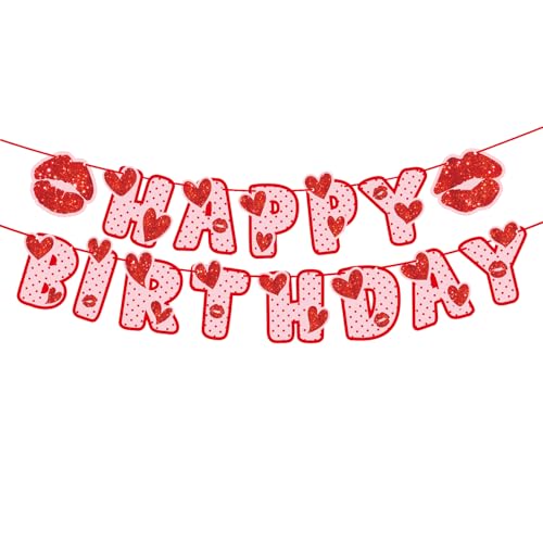 Cartel de corazón con texto en inglés 'Happy Birthday', rojo y rosa, con purpurina, para colgar, suministros de decoración para fiestas de cumpleaños, suministros para niñas y mujeres, regalos de